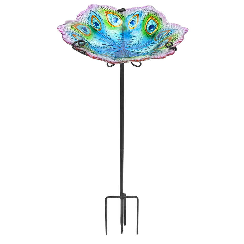 MUMTOP Glass Bird Bath, Garden Outdoor Birdbaths Birdfeeder with Metal Stake Peacock