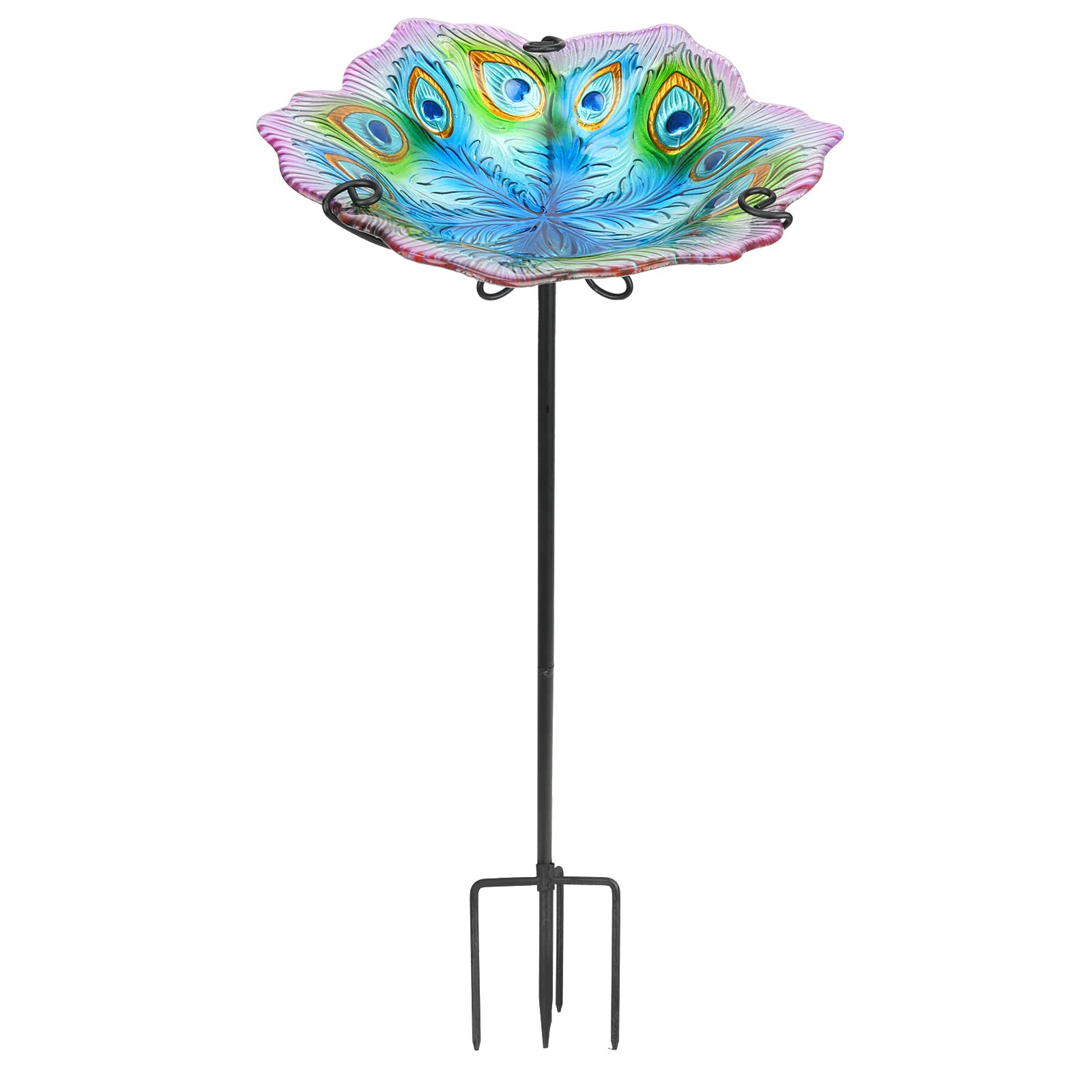 MUMTOP Glass Bird Bath, Garden Outdoor Birdbaths Birdfeeder with Metal Stake Peacock