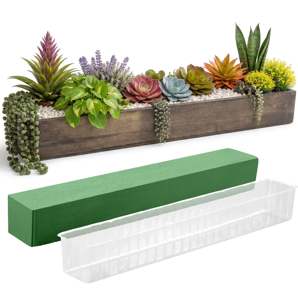 Set of 2 White 16x4 Inch Rustic Rectangle Wooden Planter Boxes with Plastic Liners Floral Foam for Wedding Christmas Home Garden Centerpiece Decor