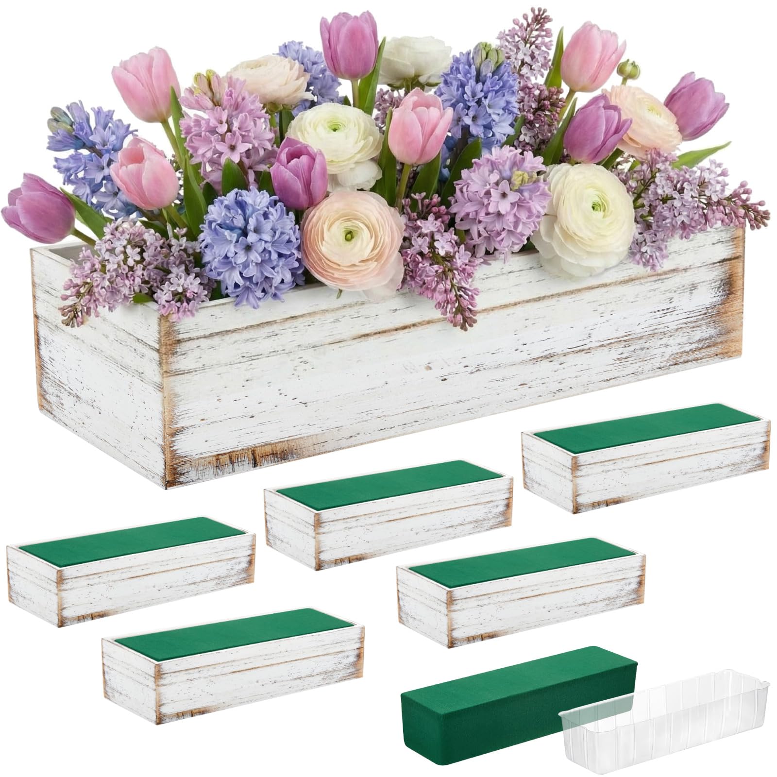 Set of 2 White 16x4 Inch Rustic Rectangle Wooden Planter Boxes with Plastic Liners Floral Foam for Wedding Christmas Home Garden Centerpiece Decor