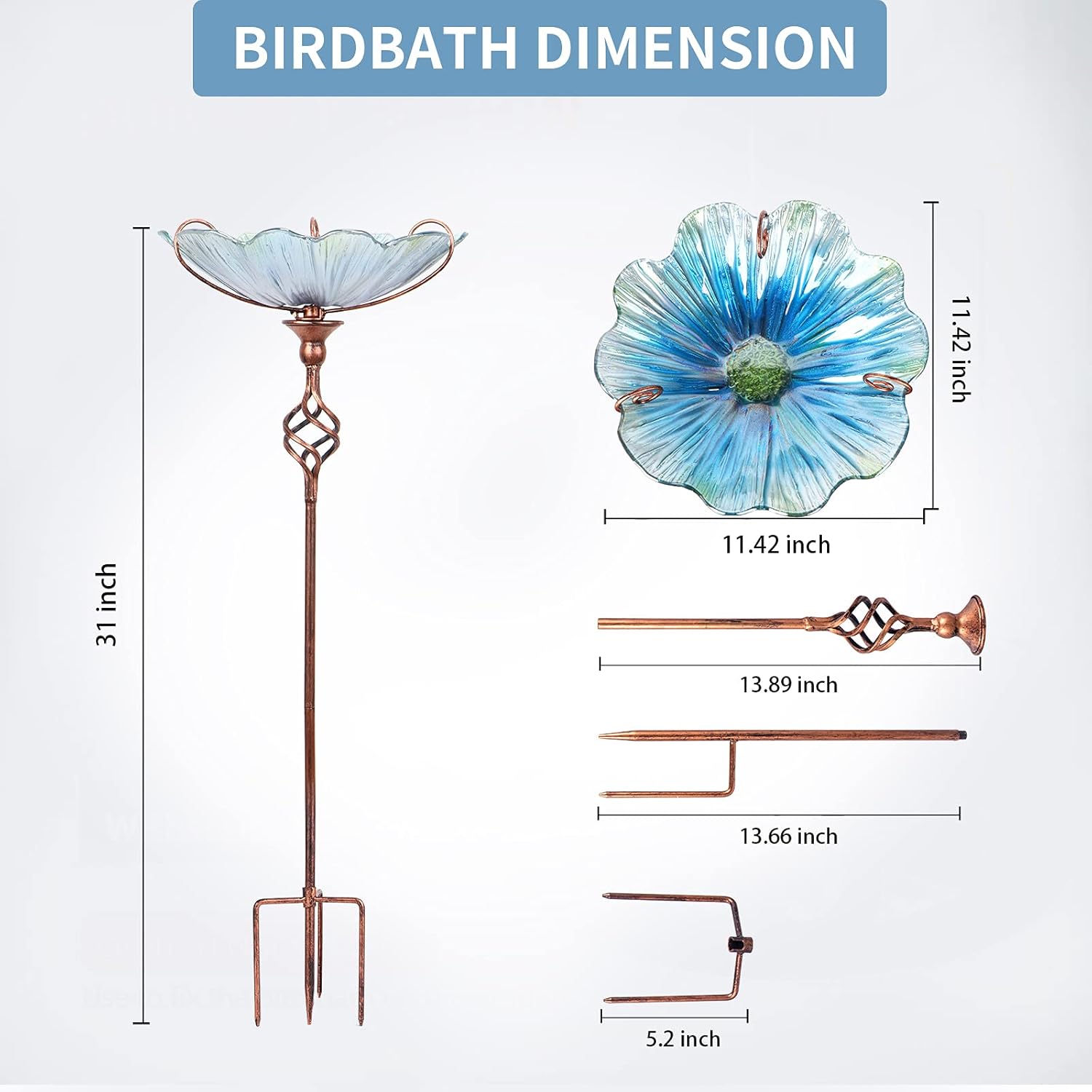 31 Inch Blue Glass Birdbath Birdfeeder with Metal Stake Outdoor Garden Yard Decor