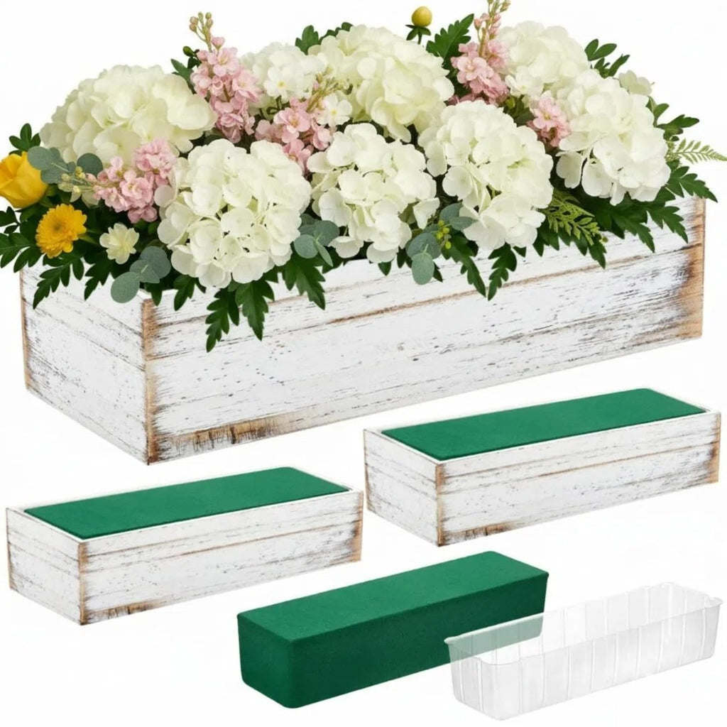 Set of 2 White 16x4 Inch Rustic Rectangle Wooden Planter Boxes with Plastic Liners Floral Foam for Wedding Christmas Home Garden Centerpiece Decor