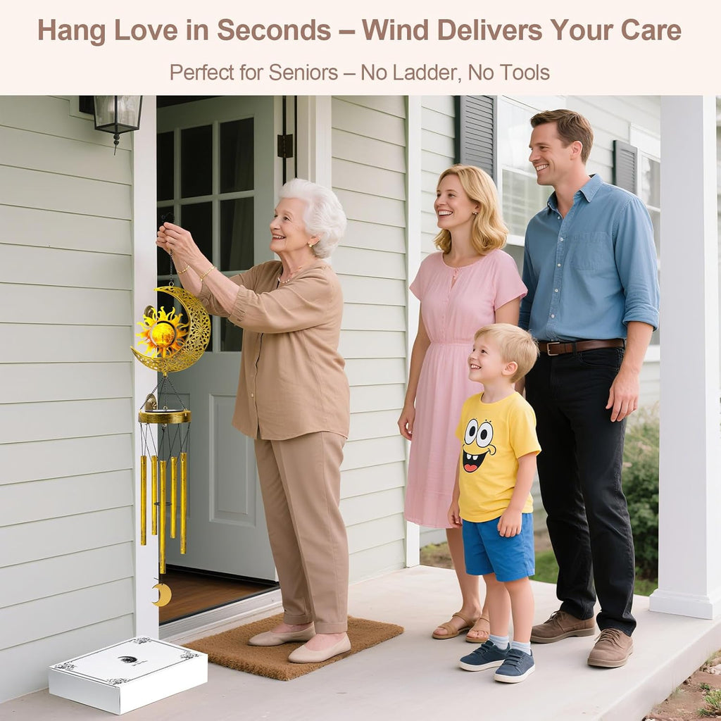 47-Inch Sun Moon Solar Wind Chimes Waterproof with Glowing Crackle Glass Ball Outdoor Decor, Unique Birthday Christmas Gifts for Mom Grandma Women Wife Patio Yard Garden