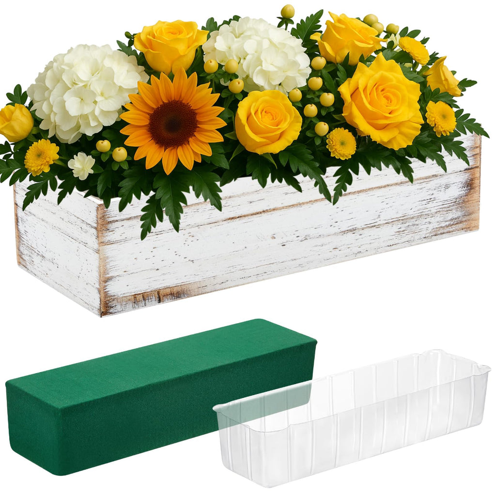 Set of 2 White 16x4 Inch Rustic Rectangle Wooden Planter Boxes with Plastic Liners Floral Foam for Wedding Christmas Home Garden Centerpiece Decor