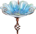 31 Inch Blue Glass Birdbath Birdfeeder with Metal Stake Outdoor Garden Yard Decor