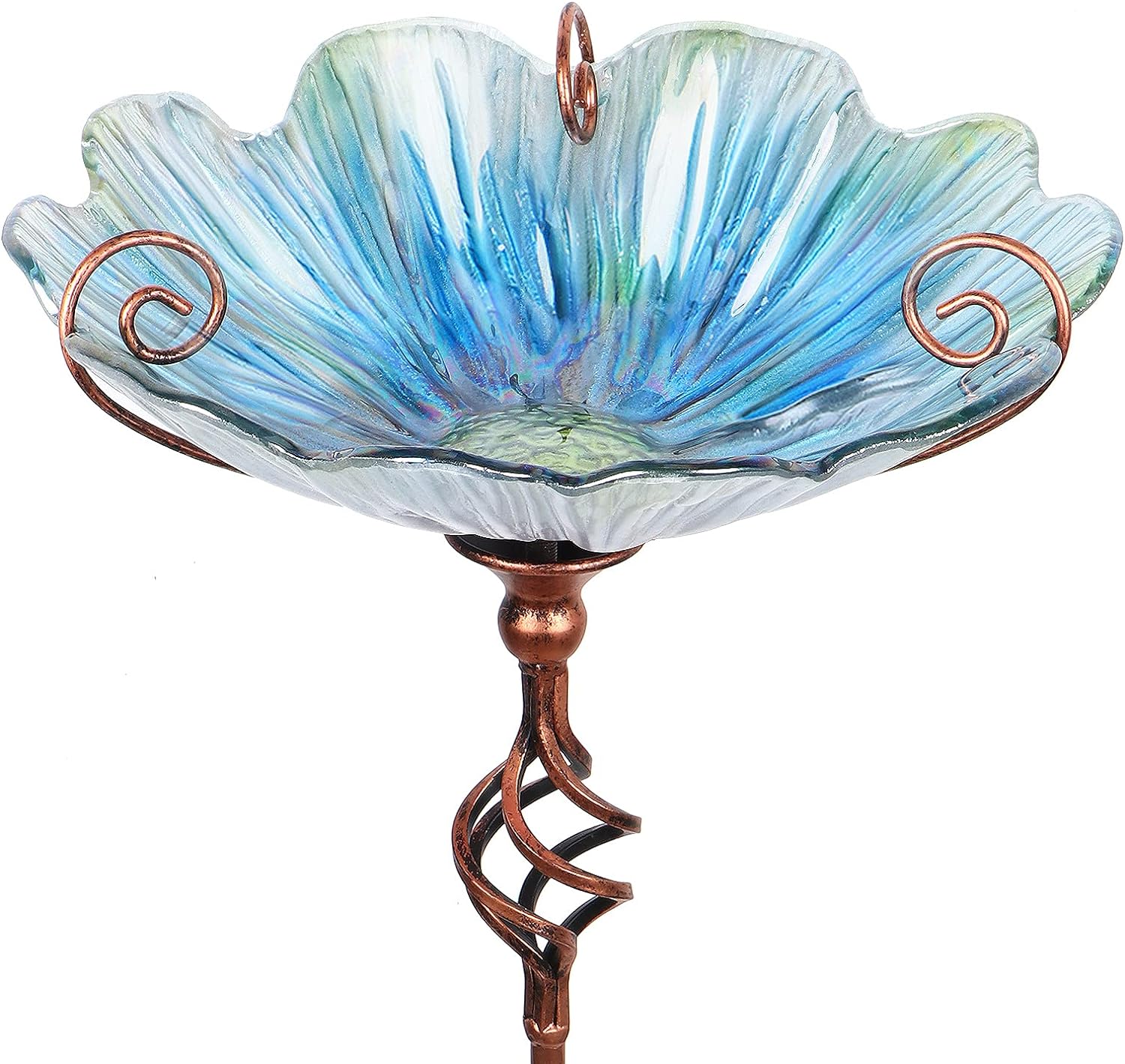 31 Inch Blue Glass Birdbath Birdfeeder with Metal Stake Outdoor Garden Yard Decor