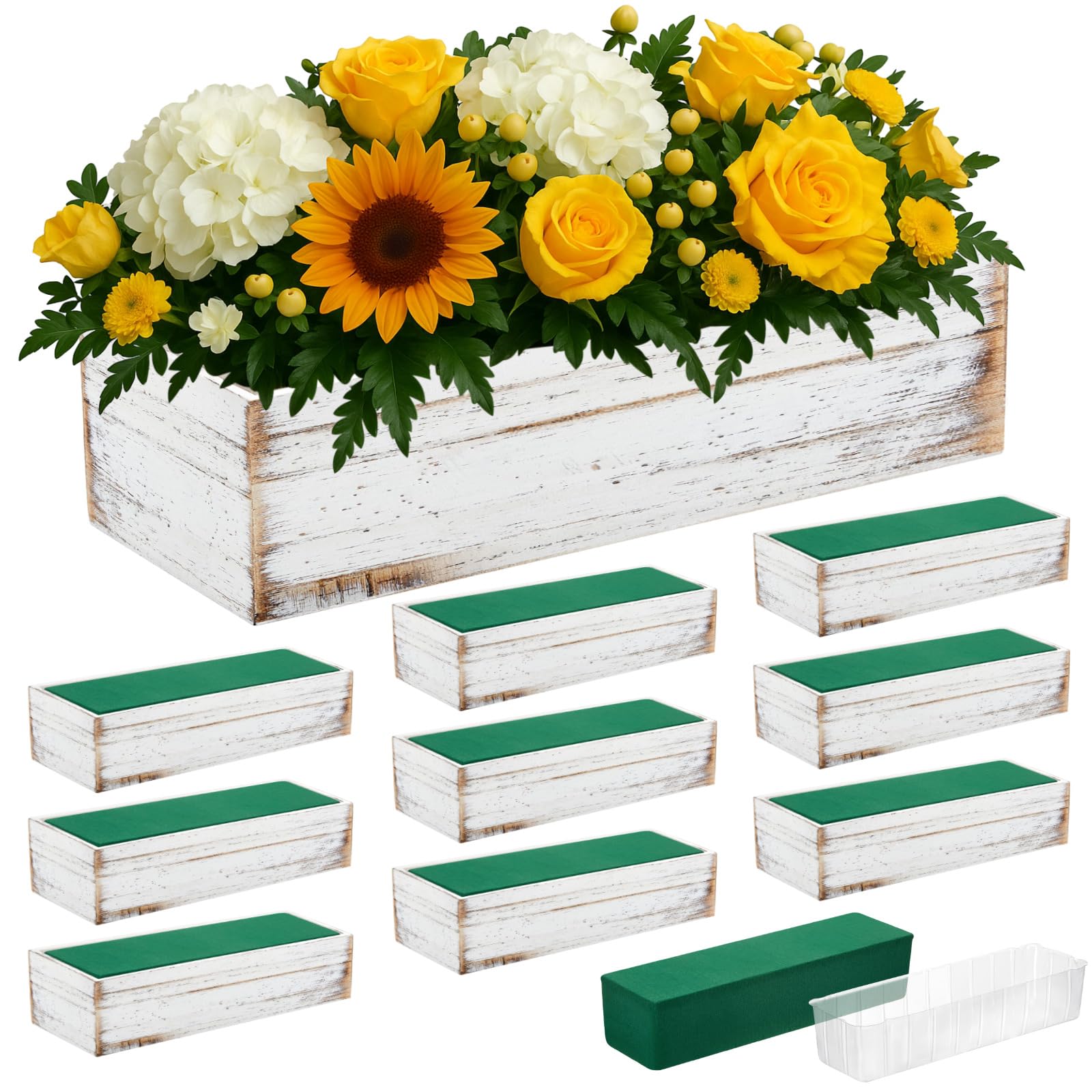 Set of 2 White 16x4 Inch Rustic Rectangle Wooden Planter Boxes with Plastic Liners Floral Foam for Wedding Christmas Home Garden Centerpiece Decor