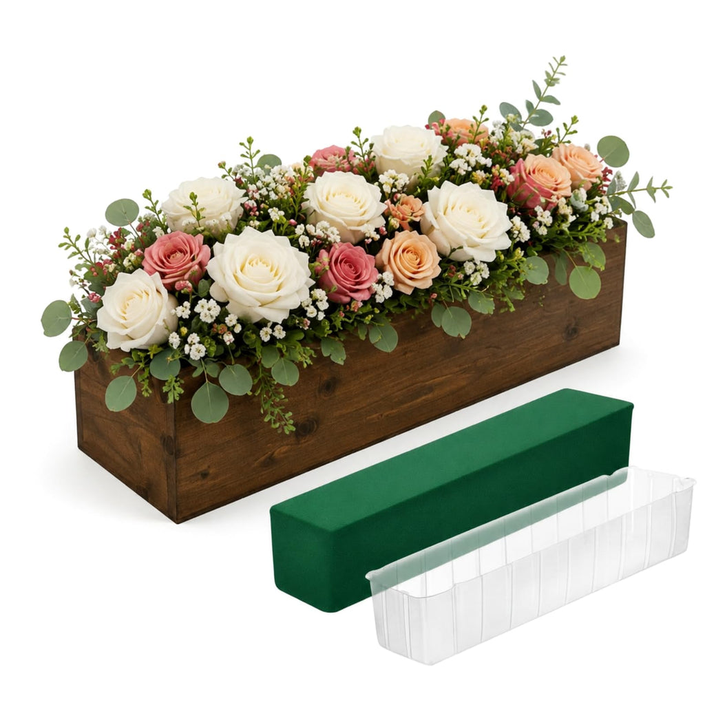 Set of 2 White 16x4 Inch Rustic Rectangle Wooden Planter Boxes with Plastic Liners Floral Foam for Wedding Christmas Home Garden Centerpiece Decor