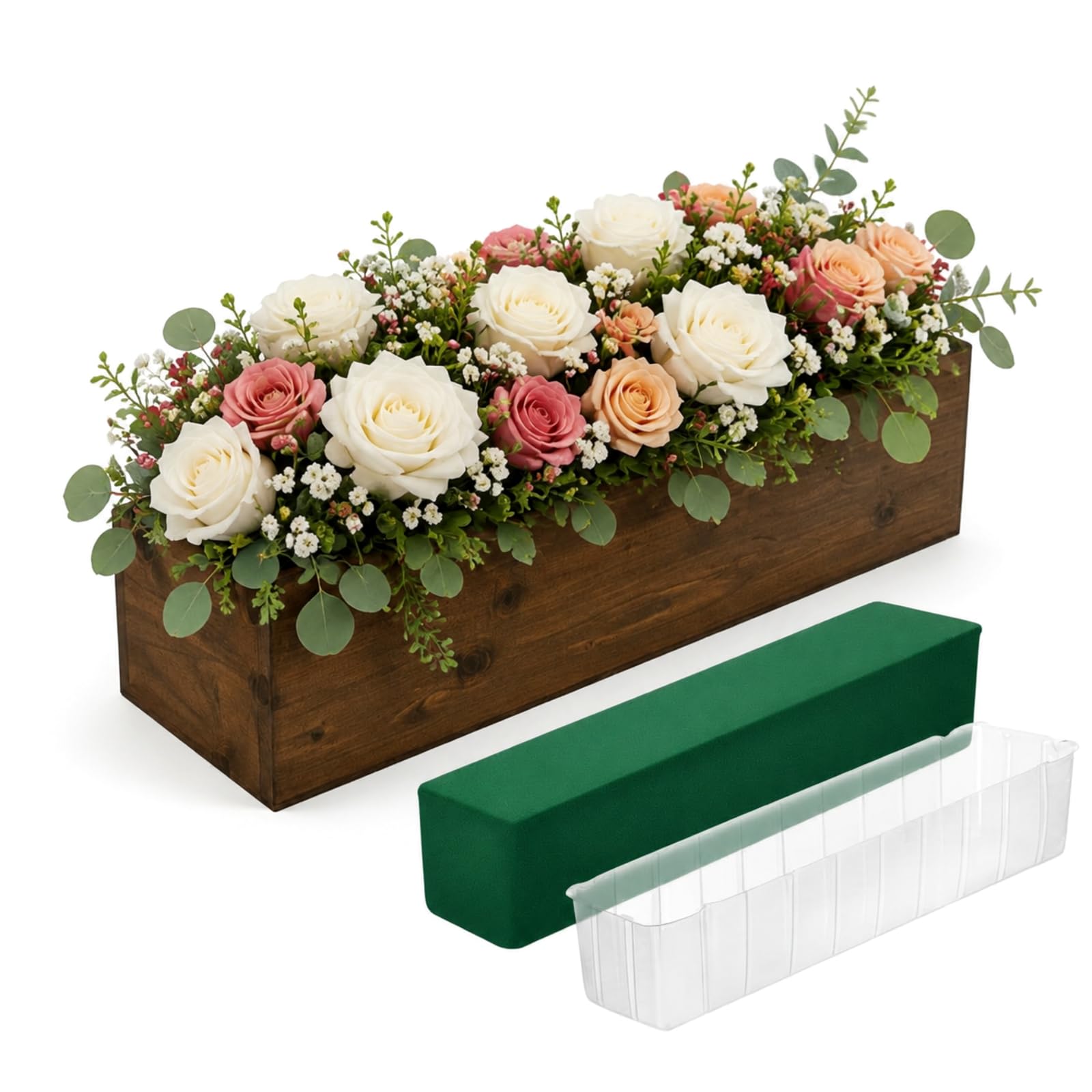 Set of 2 White 16x4 Inch Rustic Rectangle Wooden Planter Boxes with Plastic Liners Floral Foam for Wedding Christmas Home Garden Centerpiece Decor