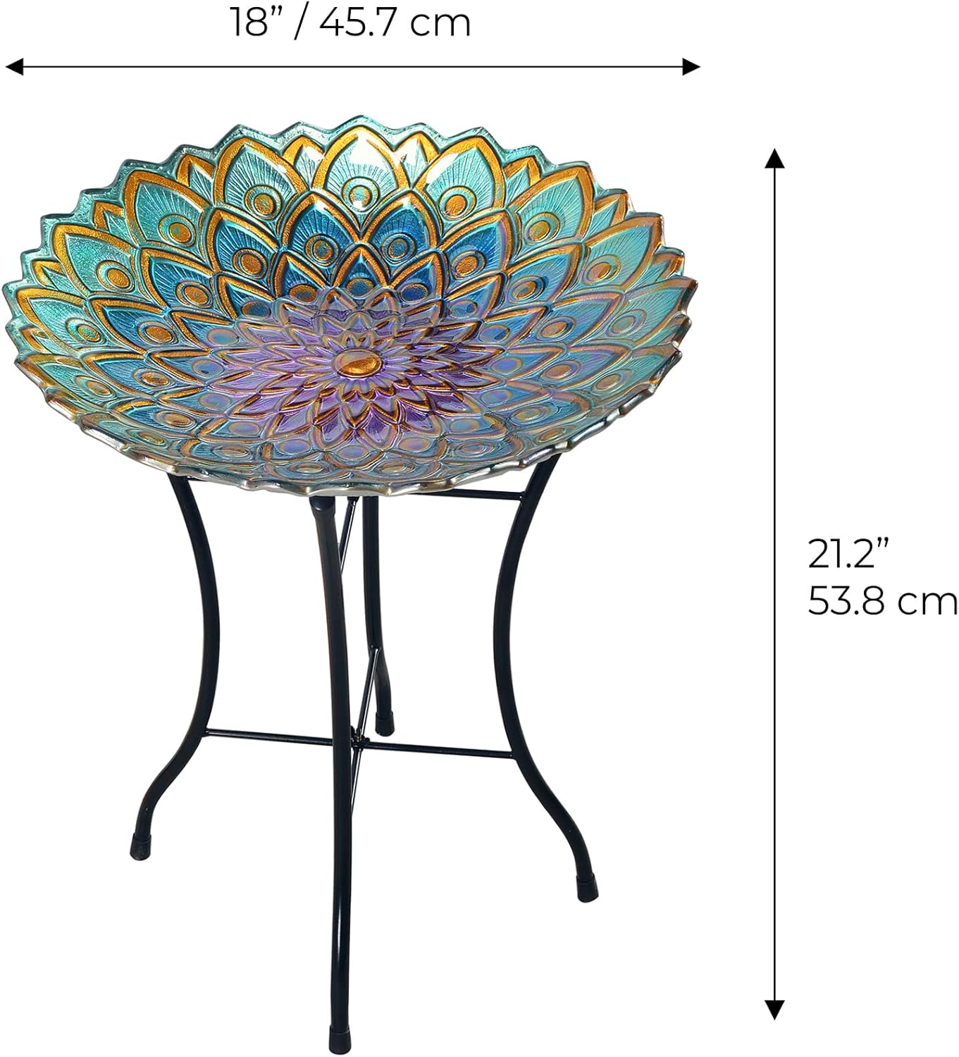 Teamson Home Handpainted Mosaic Flower Fusion Glass Pedestal Bird Bath for Outdoor Patio Garden Backyard Decking Décor, 21 inch Height, Blue and Purple