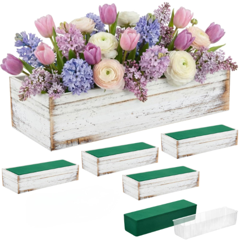 Set of 2 White 16x4 Inch Rustic Rectangle Wooden Planter Boxes with Plastic Liners Floral Foam for Wedding Christmas Home Garden Centerpiece Decor