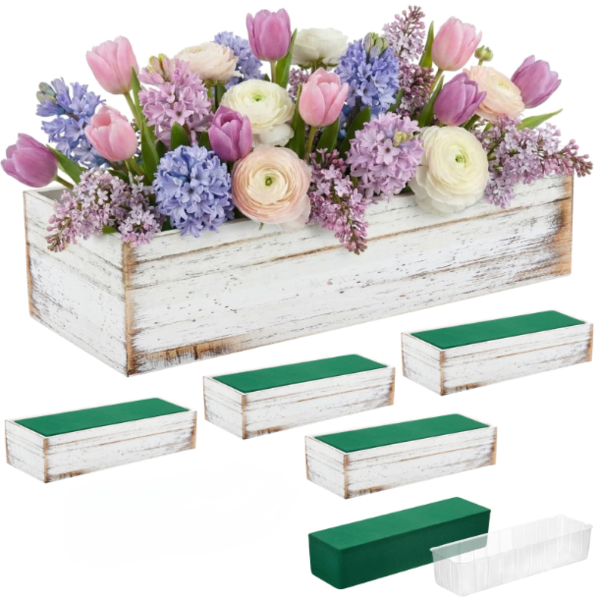Set of 2 White 16x4 Inch Rustic Rectangle Wooden Planter Boxes with Plastic Liners Floral Foam for Wedding Christmas Home Garden Centerpiece Decor