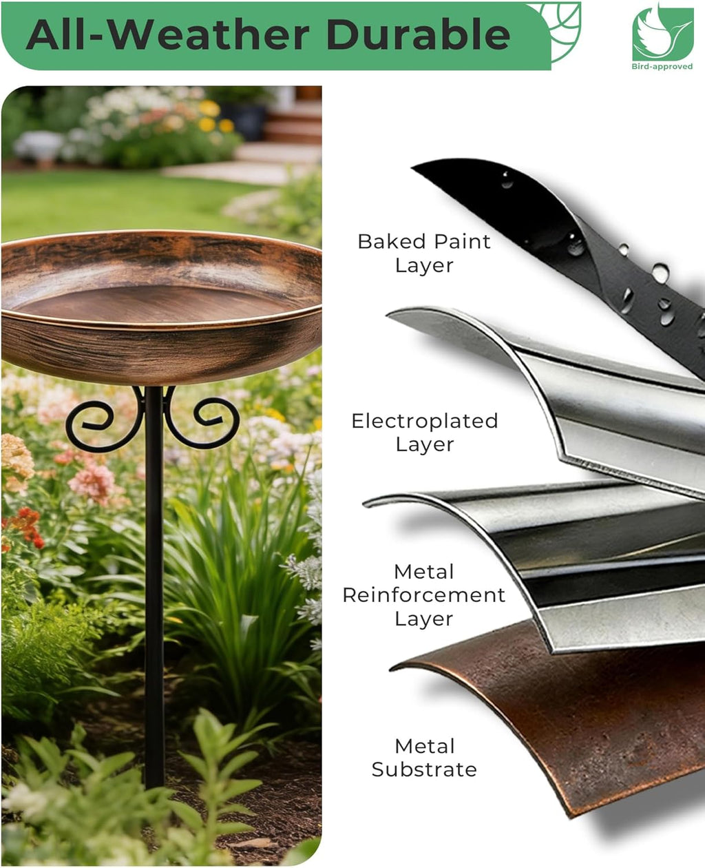 Small Metal Bird Bath for Outdoors, 10" Dia Bowl with Stake Birdbaths Garden Yard Lawn Decor 0.4 Gallon
