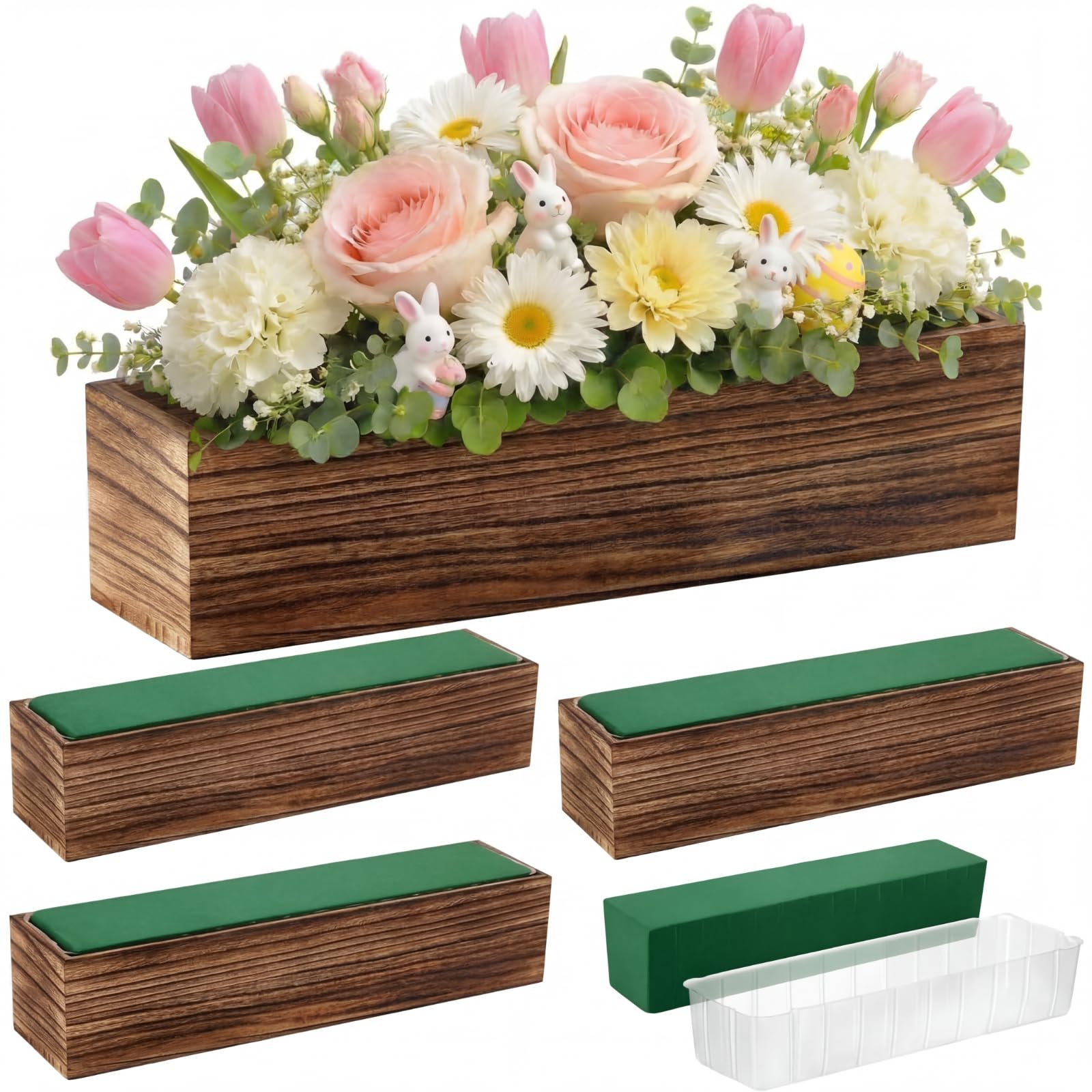Dandat 2 Set Wood Boxes for Centerpieces 16x4 Inch Rectangle Wooden Planter Box Rustic Wood Planter with Removable Plastic Liner Floral Foam Blocks for Centerpieces Home Wedding Garden Decor