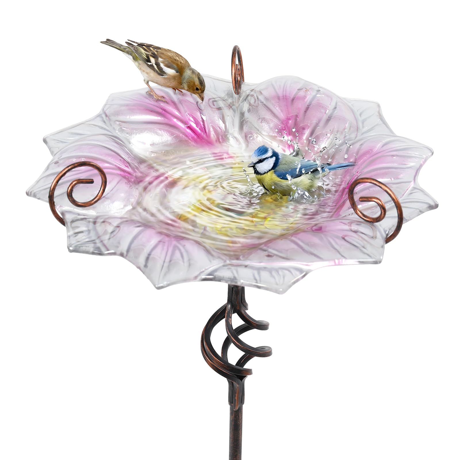 VCUTEKA Glass Bird Bath Outdoor BirdBath Bird Feeder with Metal Stake Garden Decor
