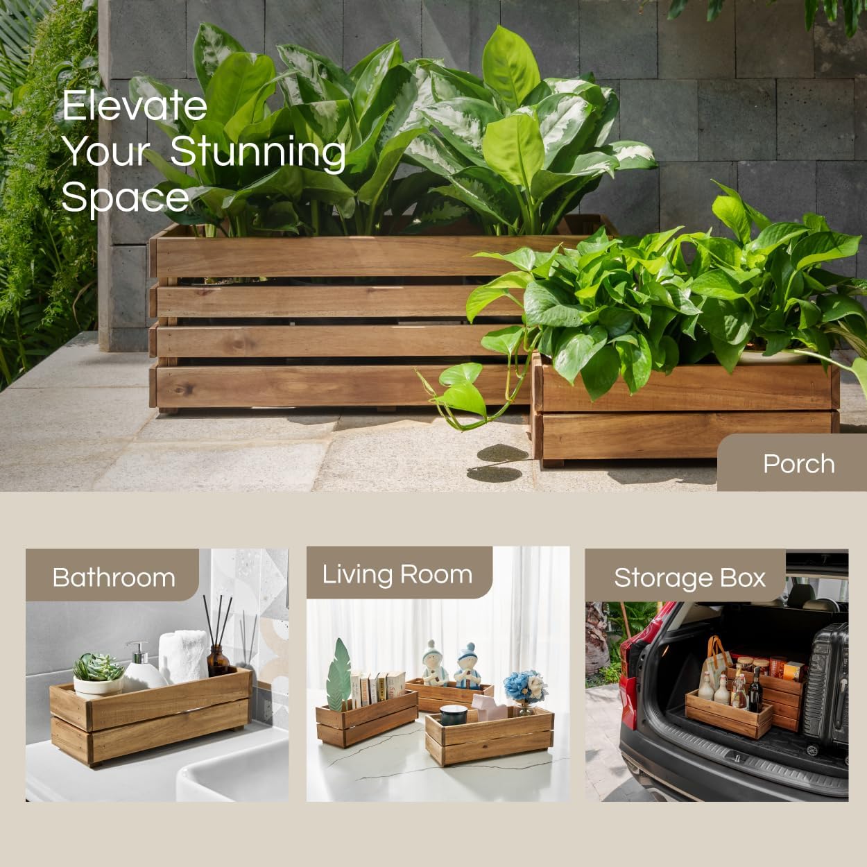 THYOI Premium Wooden Planter Box, Storage Box 17" L x6 W x5.5 H with Crate Style, Acacia Wood Flower Container, Rustic Rectangle Planter for Planting, Decor and Storage - 3 Colors (Natural)