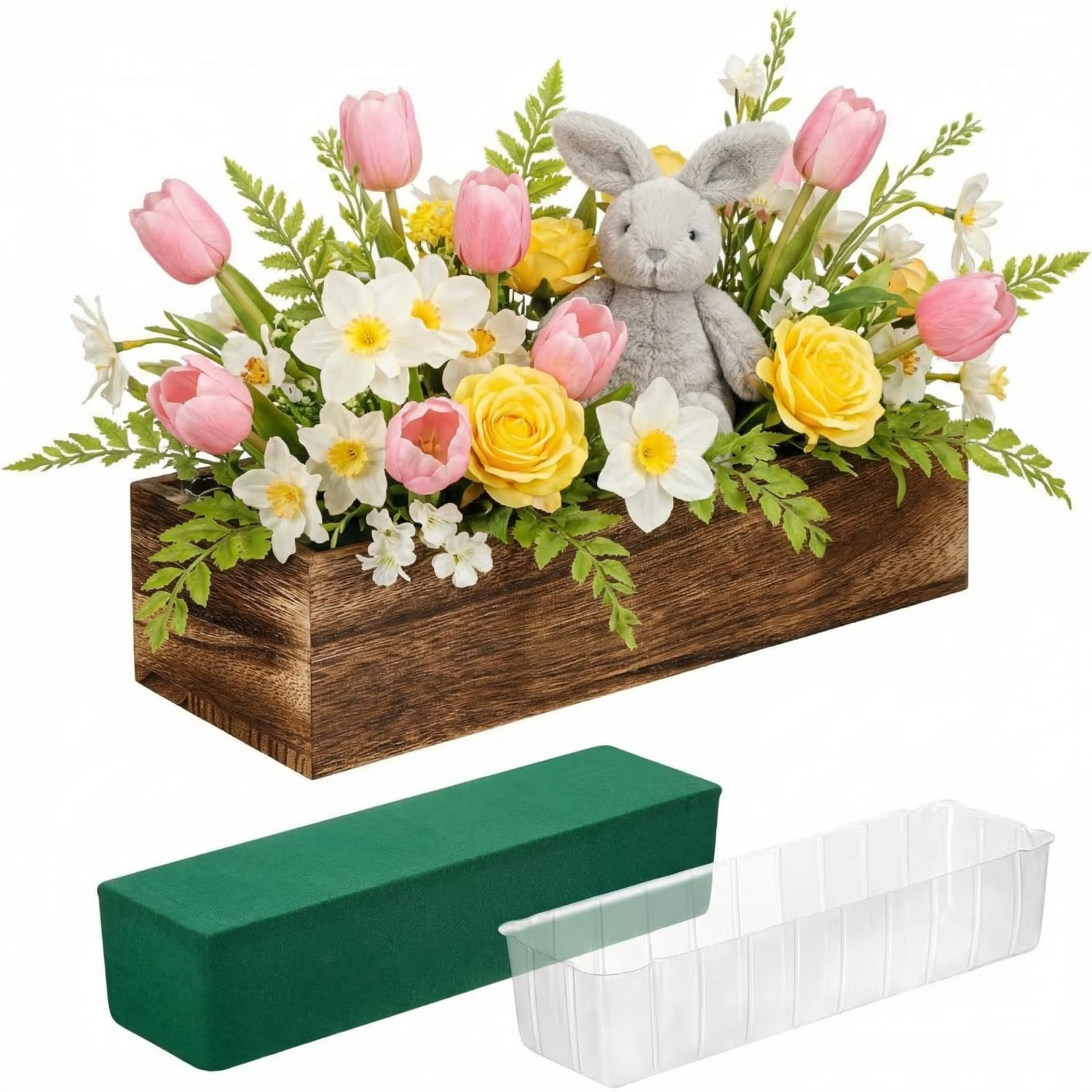 Dandat 2 Set Wood Boxes for Centerpieces 16x4 Inch Rectangle Wooden Planter Box Rustic Wood Planter with Removable Plastic Liner Floral Foam Blocks for Centerpieces Home Wedding Garden Decor