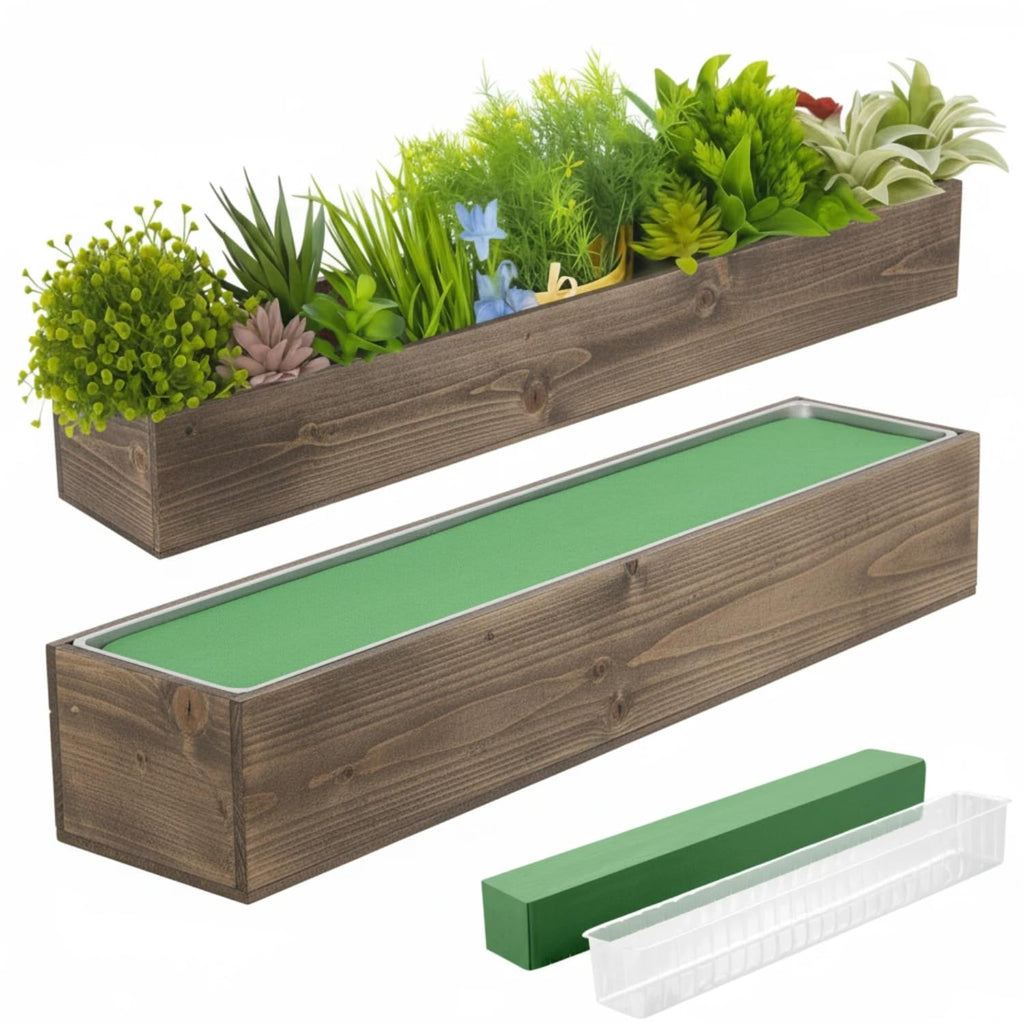 Set of 2 White 16x4 Inch Rustic Rectangle Wooden Planter Boxes with Plastic Liners Floral Foam for Wedding Christmas Home Garden Centerpiece Decor