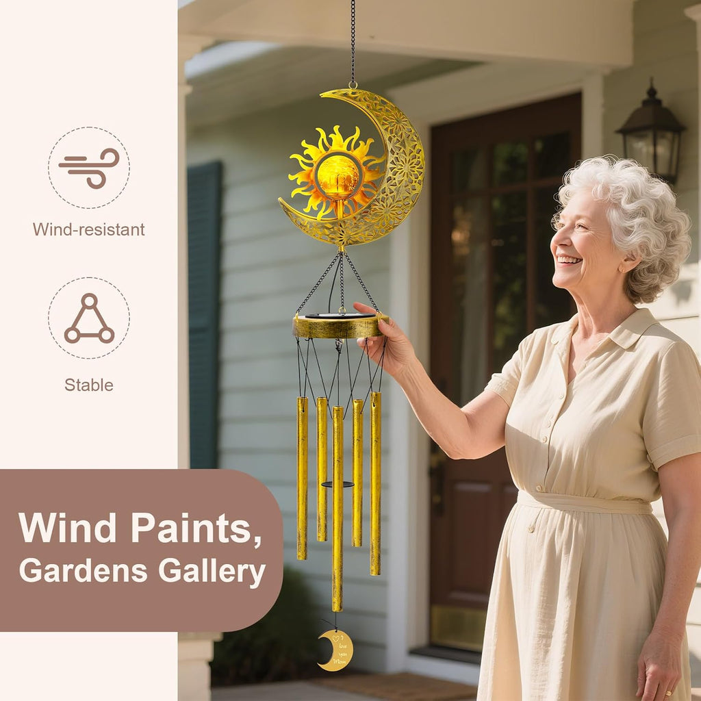 47-Inch Sun Moon Solar Wind Chimes Waterproof with Glowing Crackle Glass Ball Outdoor Decor, Unique Birthday Christmas Gifts for Mom Grandma Women Wife Patio Yard Garden