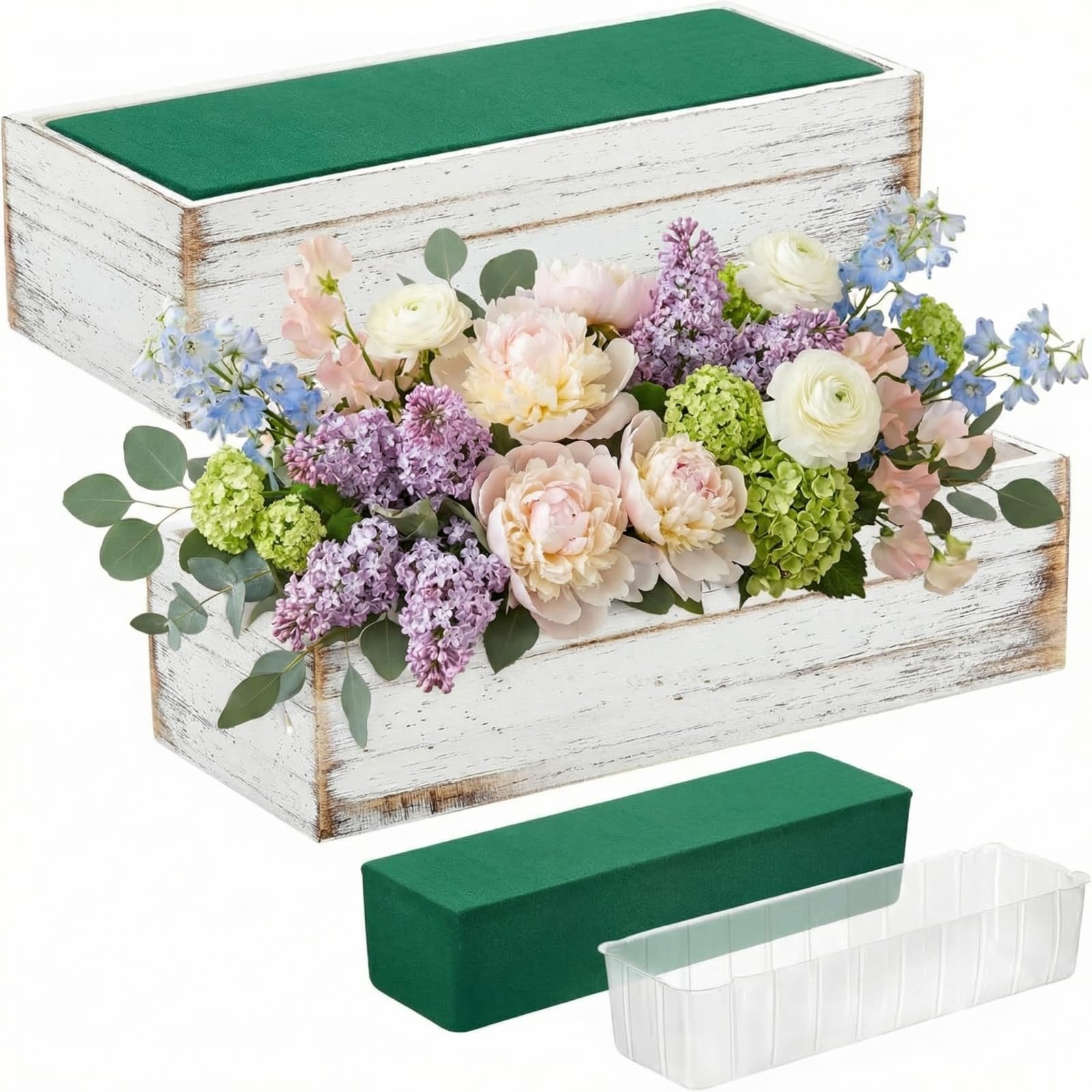 Set of 2 White 16x4 Inch Rustic Rectangle Wooden Planter Boxes with Plastic Liners Floral Foam for Wedding Christmas Home Garden Centerpiece Decor