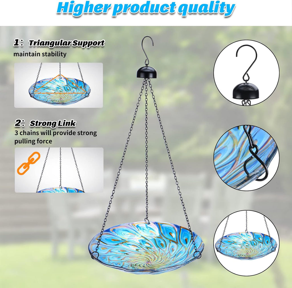 MUMTOP 11 inch Hanging Bird Bath Glass BirdBath Peacock Outdoor Birdfeeder for Garden Yard Decoration