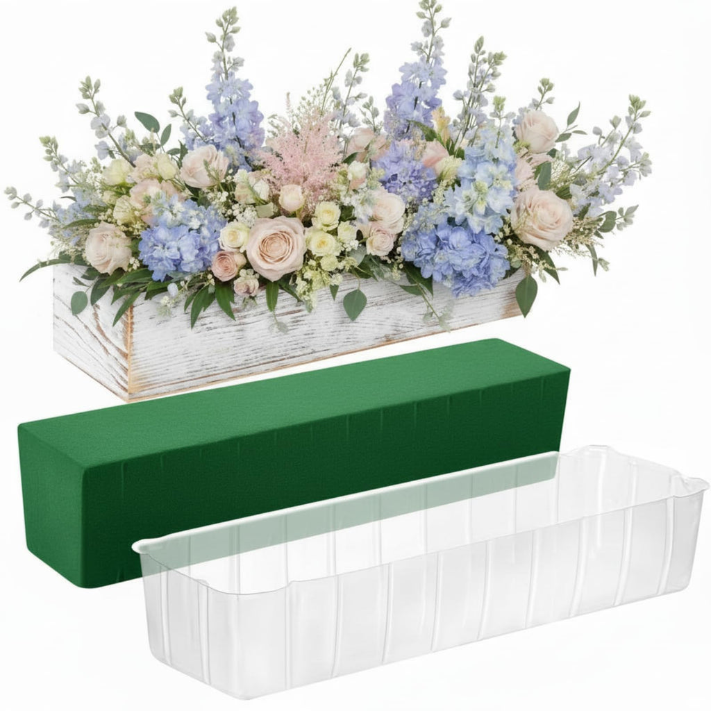 Set of 2 White 16x4 Inch Rustic Rectangle Wooden Planter Boxes with Plastic Liners Floral Foam for Wedding Christmas Home Garden Centerpiece Decor