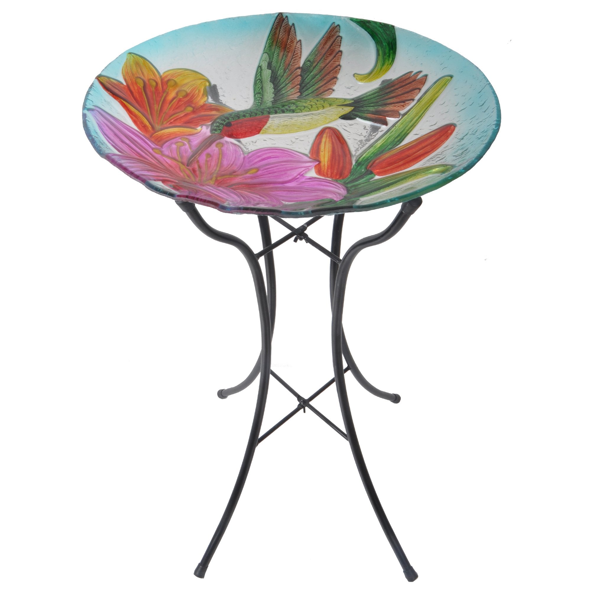 Teamson Home Handpainted Mosaic Flower Fusion Glass Pedestal Bird Bath for Outdoor Patio Garden Backyard Decking Décor, 21 inch Height, Blue and Purple