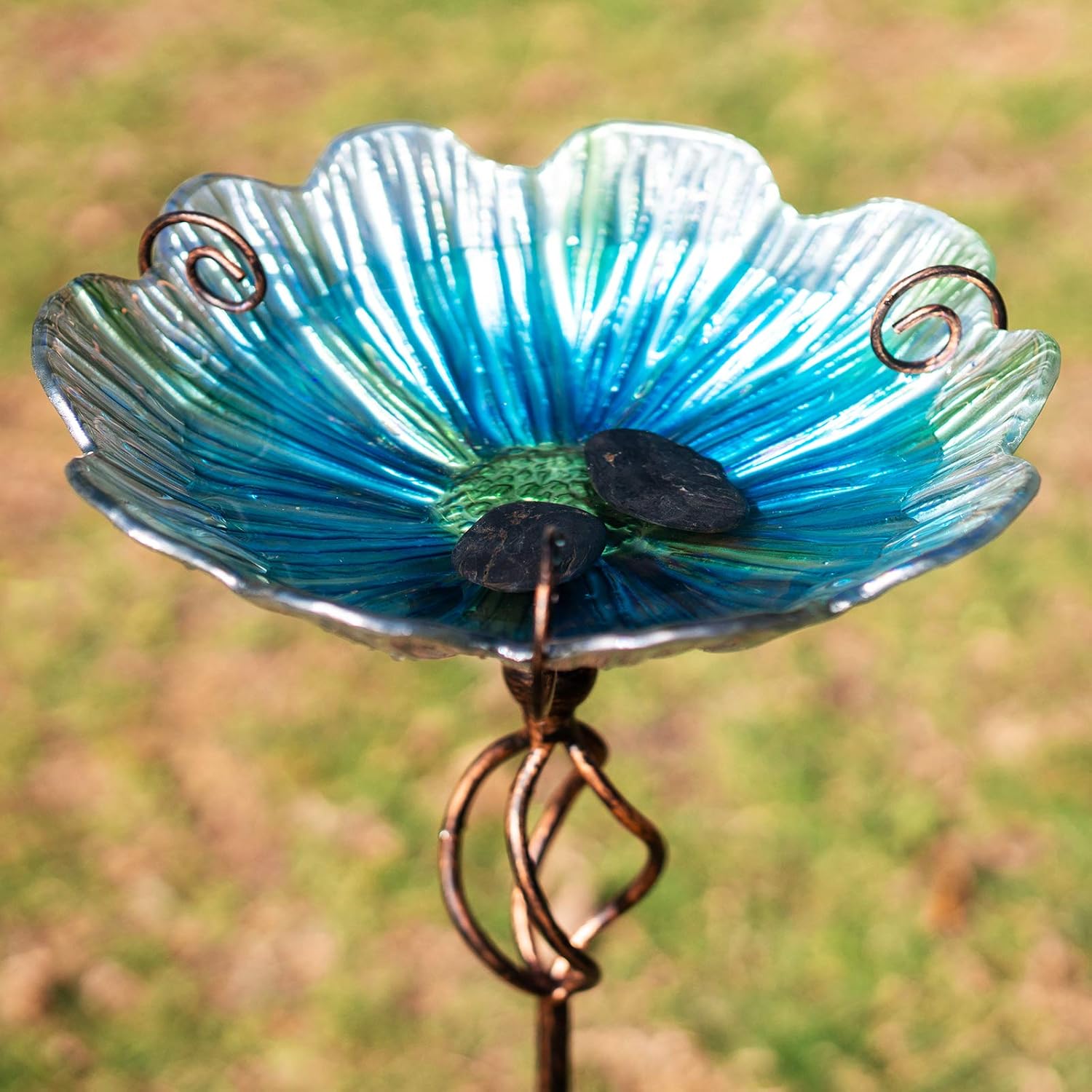 31 Inch Blue Glass Birdbath Birdfeeder with Metal Stake Outdoor Garden Yard Decor