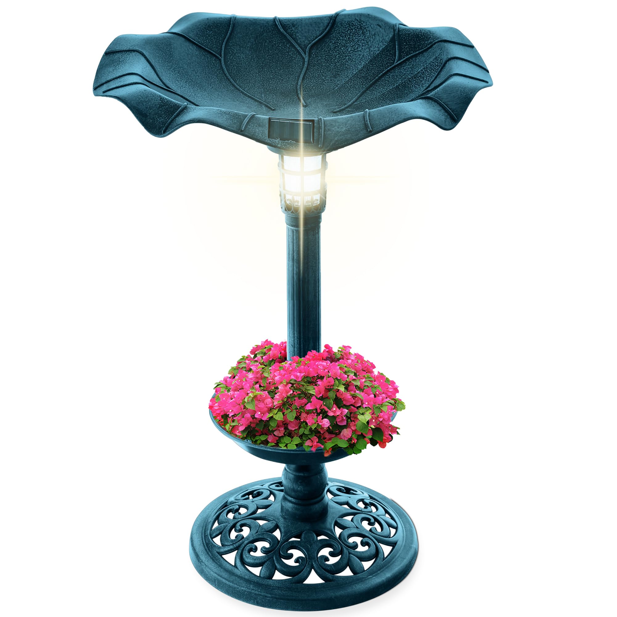 Best Choice Products Outdoor Solar Lighted Pedestal Bird Bath Fountain Decoration w/Planter, Integrated Panel, Scroll Accents for Lawn, Garden - Bronze