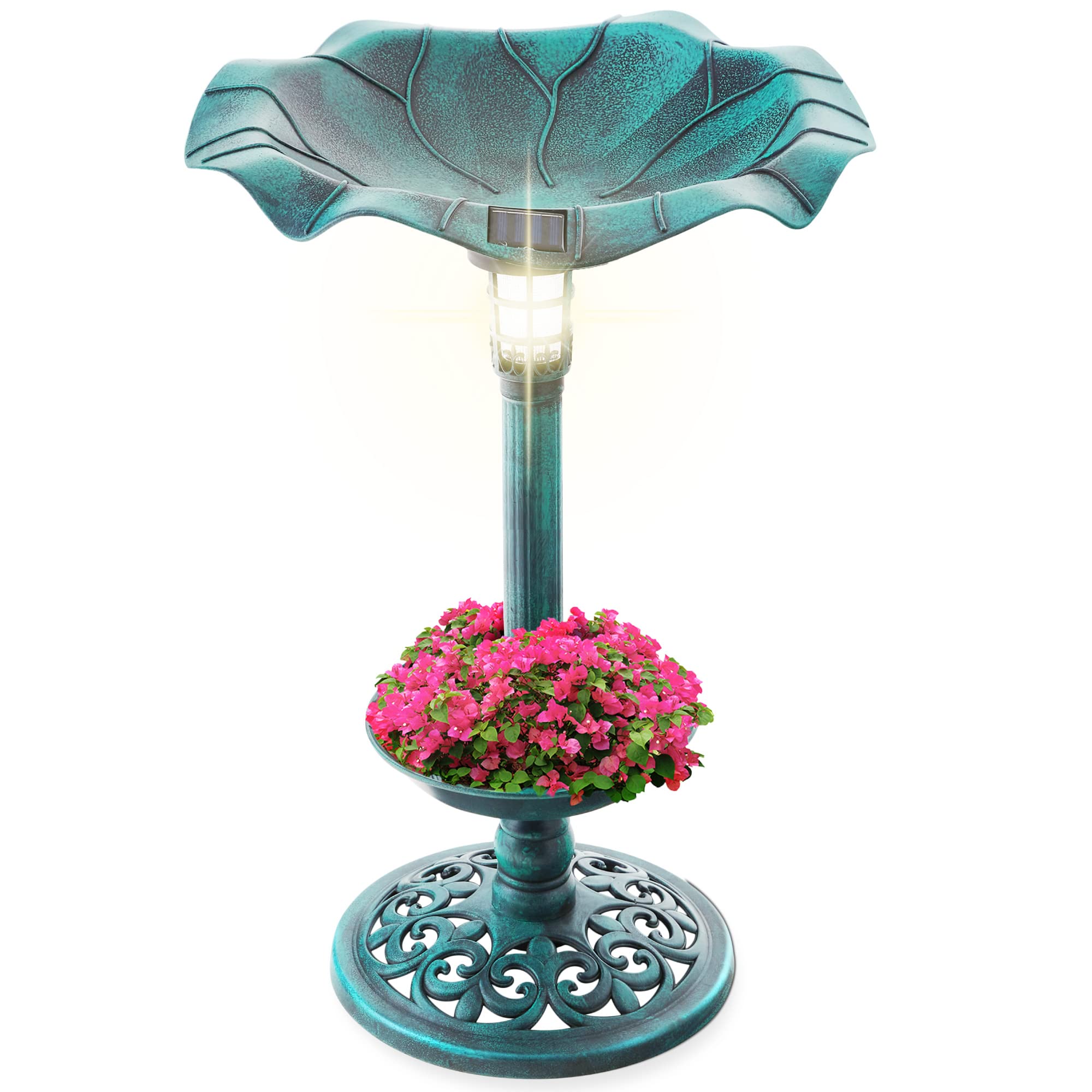 Best Choice Products Outdoor Solar Lighted Pedestal Bird Bath Fountain Decoration w/Planter, Integrated Panel, Scroll Accents for Lawn, Garden - Bronze