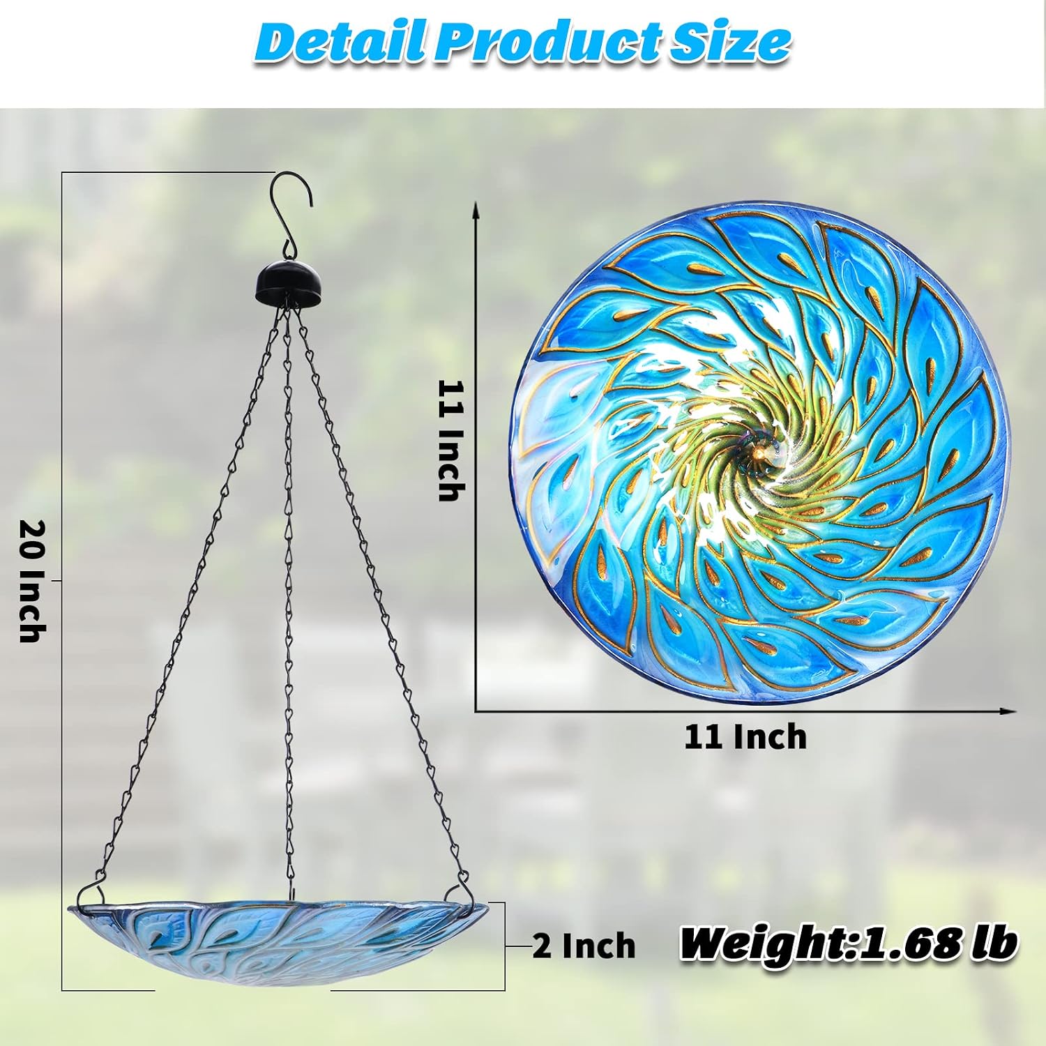 MUMTOP 11 inch Hanging Bird Bath Glass BirdBath Peacock Outdoor Birdfeeder for Garden Yard Decoration
