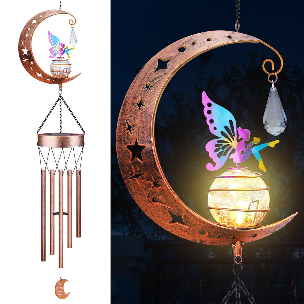 47-Inch Sun Moon Solar Wind Chimes Waterproof with Glowing Crackle Glass Ball Outdoor Decor, Unique Birthday Christmas Gifts for Mom Grandma Women Wife Patio Yard Garden