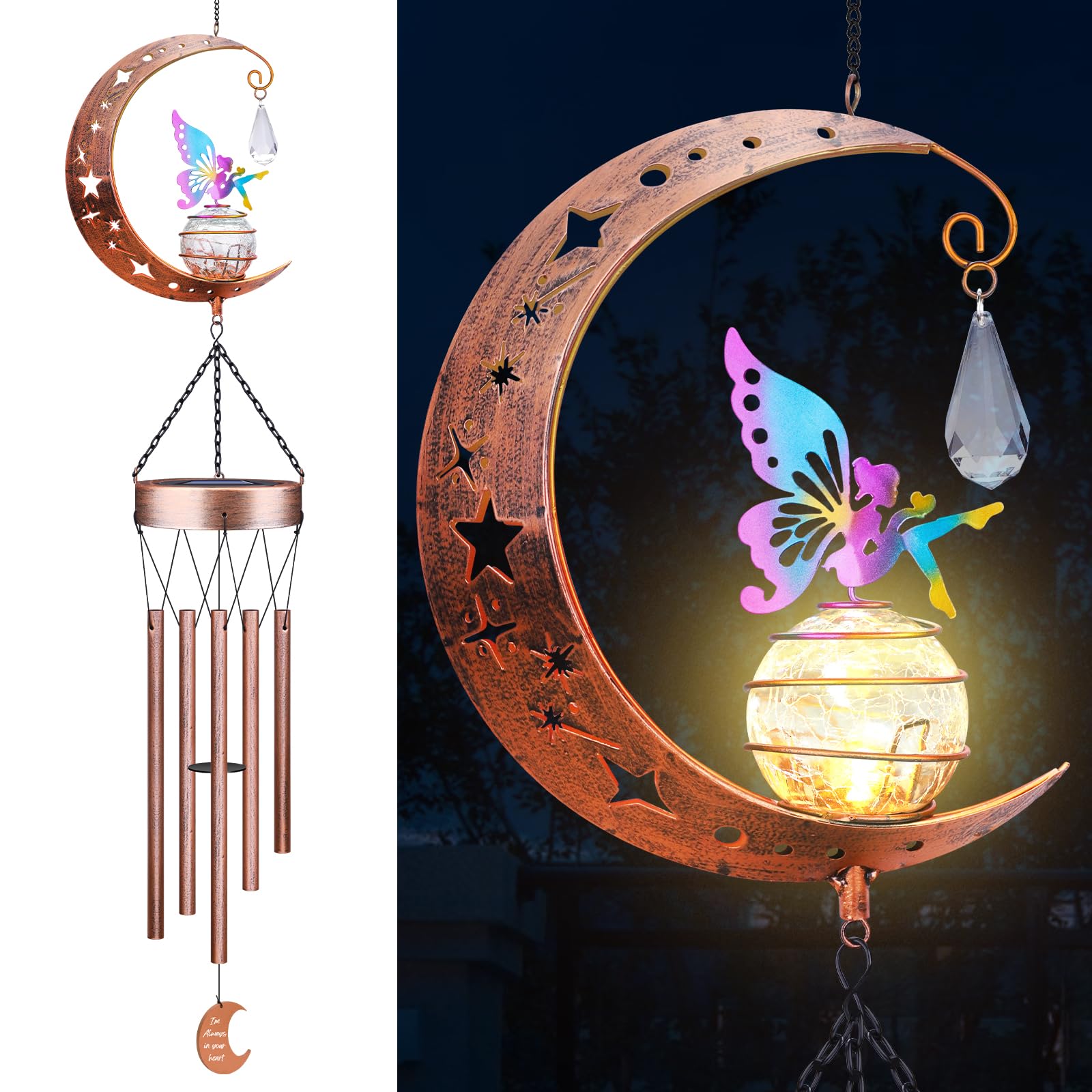 47-Inch Sun Moon Solar Wind Chimes Waterproof with Glowing Crackle Glass Ball Outdoor Decor, Unique Birthday Christmas Gifts for Mom Grandma Women Wife Patio Yard Garden