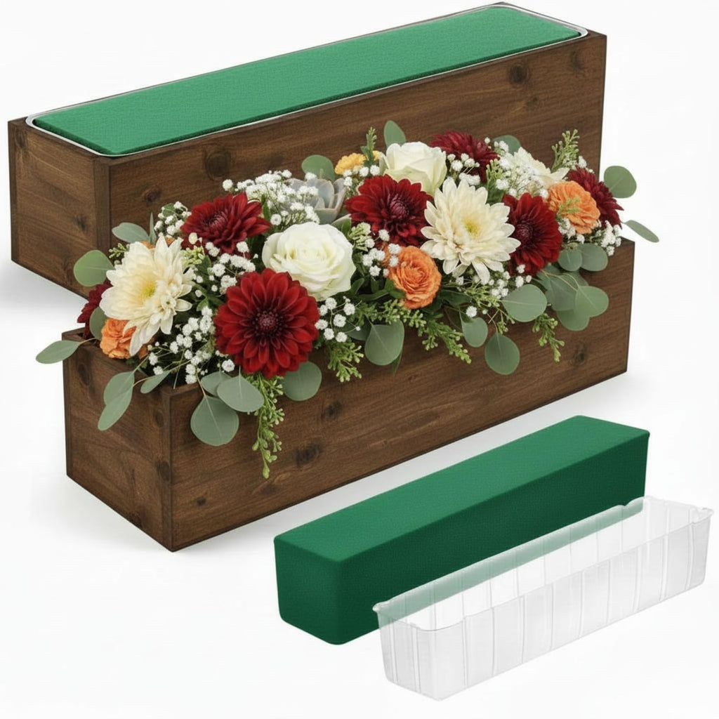 Set of 2 White 16x4 Inch Rustic Rectangle Wooden Planter Boxes with Plastic Liners Floral Foam for Wedding Christmas Home Garden Centerpiece Decor