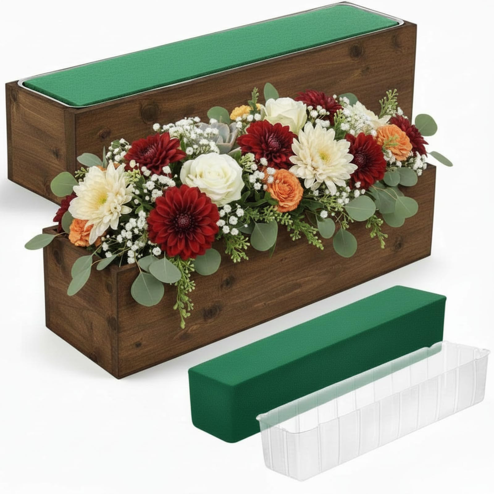 Set of 2 White 16x4 Inch Rustic Rectangle Wooden Planter Boxes with Plastic Liners Floral Foam for Wedding Christmas Home Garden Centerpiece Decor