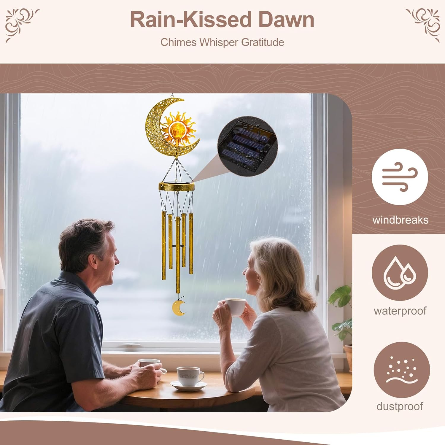 47-Inch Sun Moon Solar Wind Chimes Waterproof with Glowing Crackle Glass Ball Outdoor Decor, Unique Birthday Christmas Gifts for Mom Grandma Women Wife Patio Yard Garden
