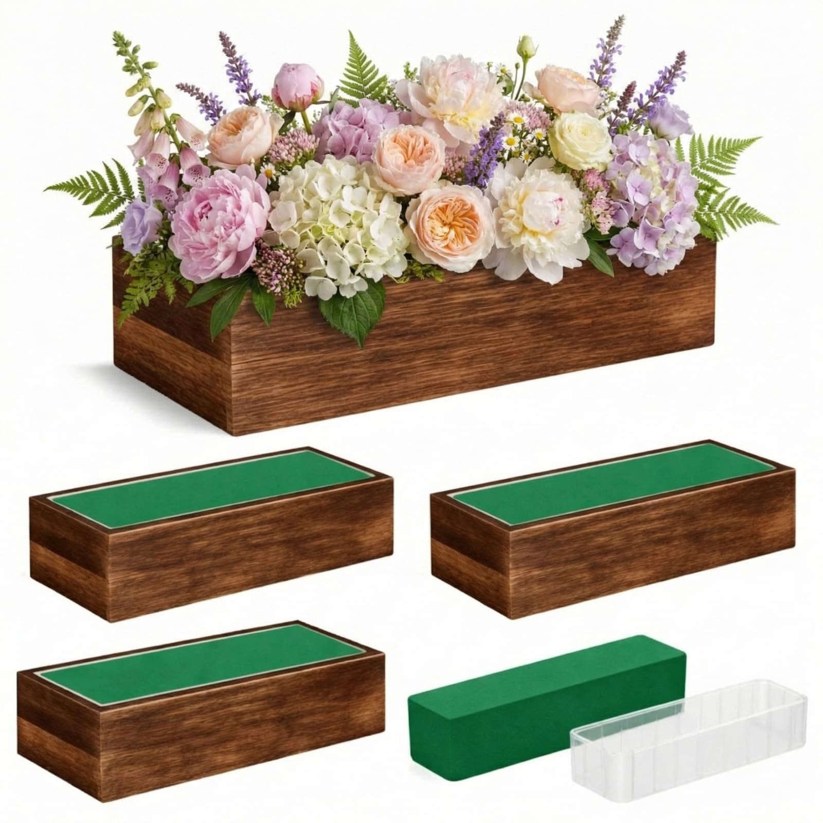 Dandat 2 Set Wood Boxes for Centerpieces 16x4 Inch Rectangle Wooden Planter Box Rustic Wood Planter with Removable Plastic Liner Floral Foam Blocks for Centerpieces Home Wedding Garden Decor