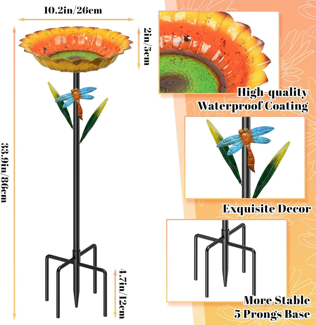 Metal Sunflower Bird Baths for Outside, 2” Deep x 10.2" W Vintage Bird Feeder Water Bowl with 5 Prongs Base, 34” Freestanding Garden Birdbaths for Outdoors Patio Yard Lawn Art Decor Yellow