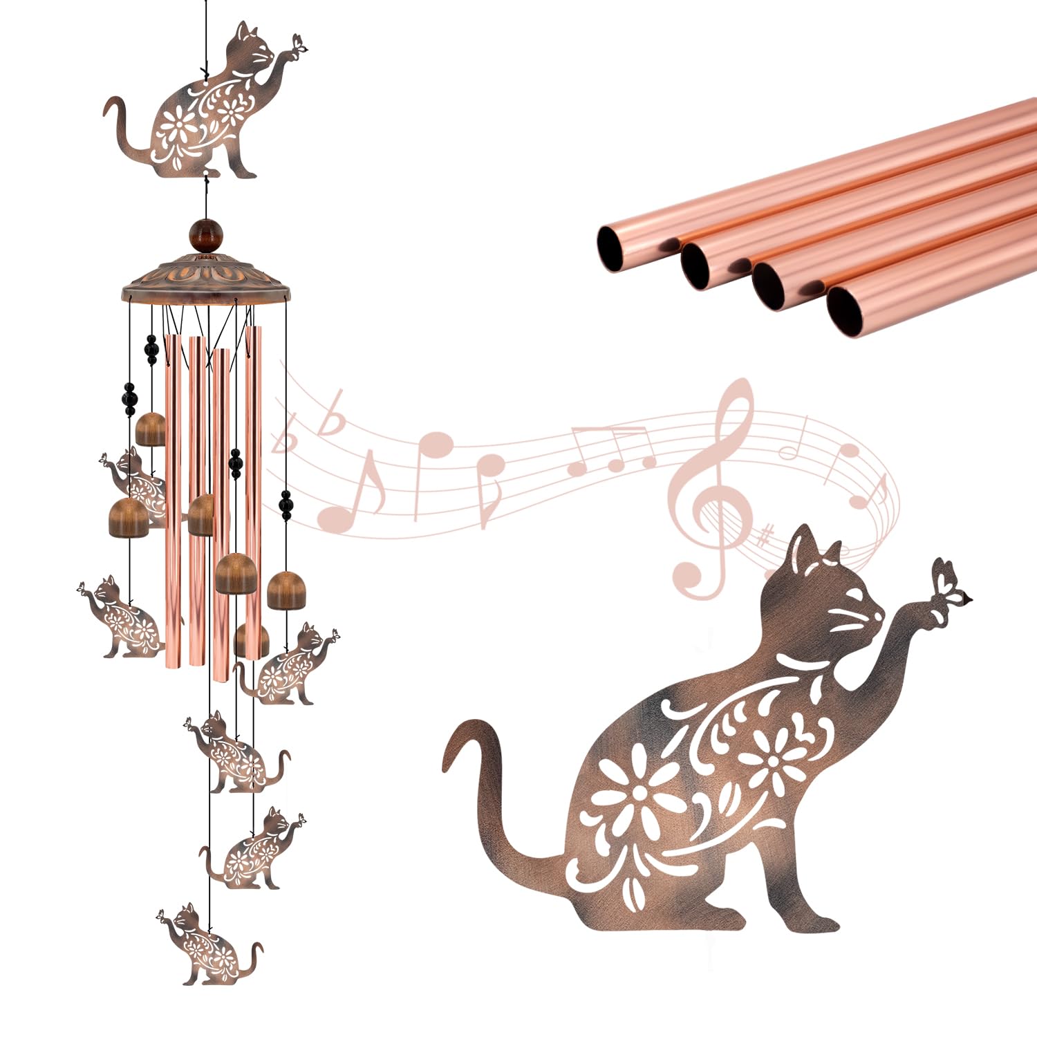 Cat Wind Chimes for Outside, 35'' Metal Cat WindChimes Gifts for Women/Men, Decoration for Outdoor, Home, Garden, Patio, Backyard