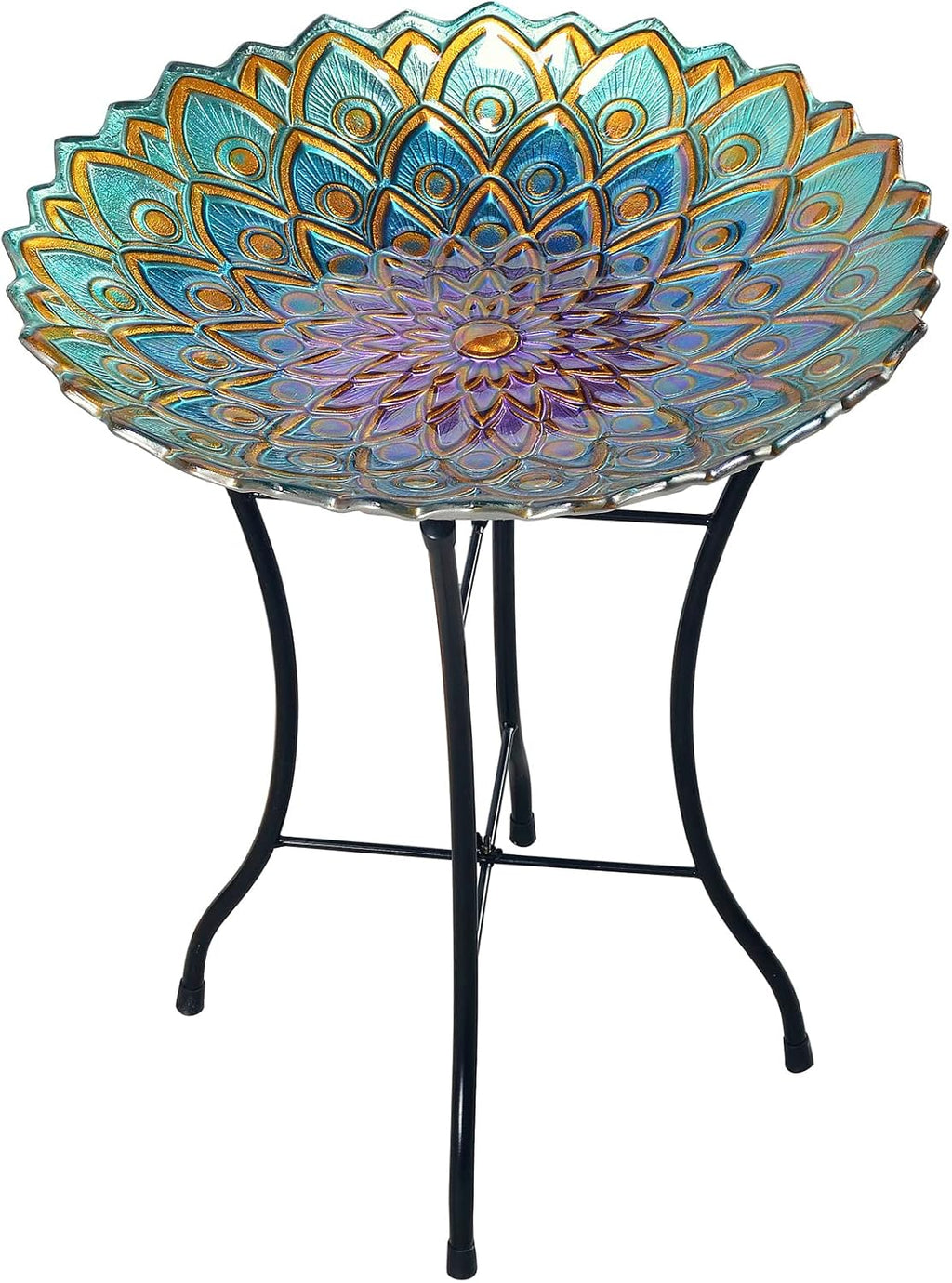 Teamson Home Handpainted Mosaic Flower Fusion Glass Pedestal Bird Bath for Outdoor Patio Garden Backyard Decking Décor, 21 inch Height, Blue and Purple