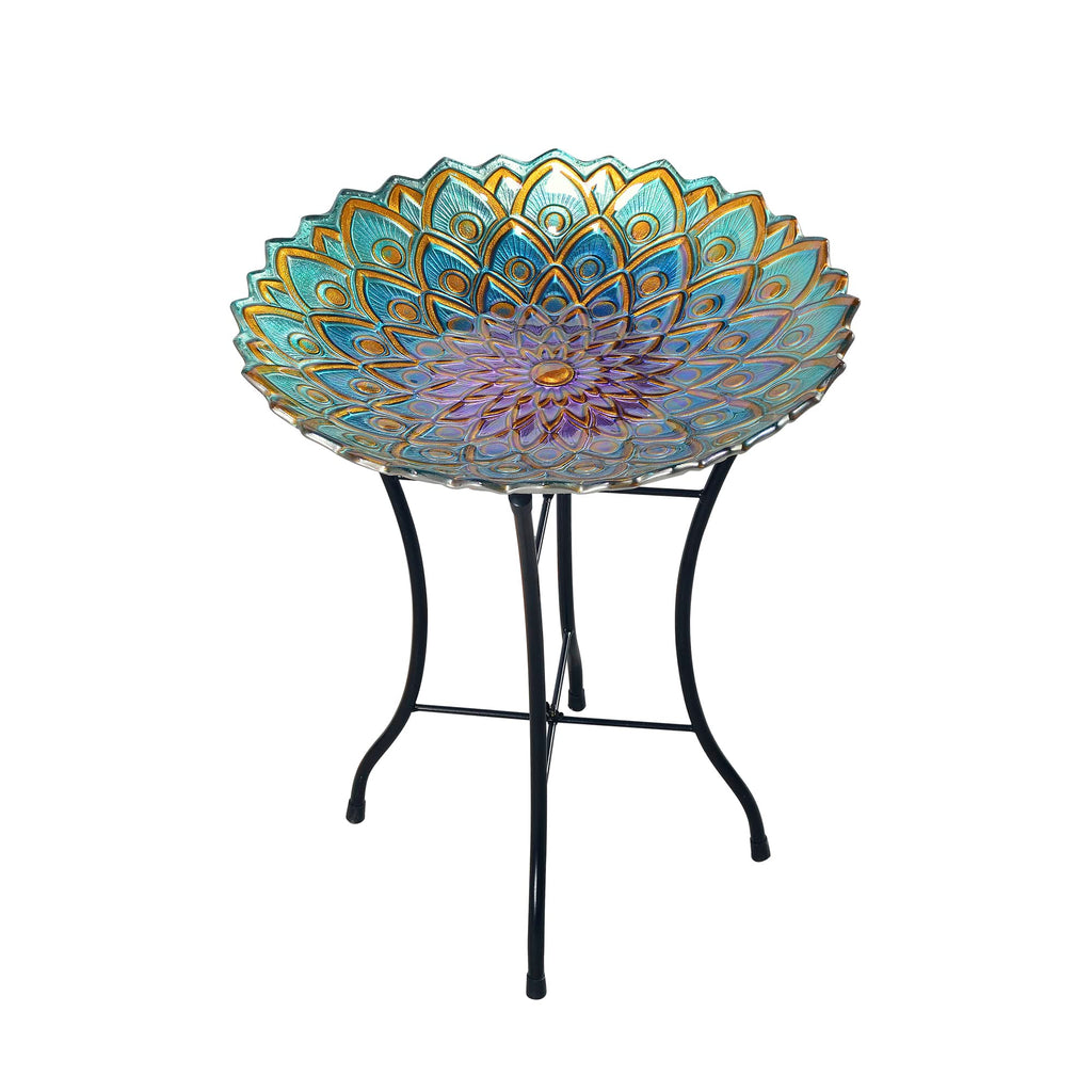 Teamson Home Handpainted Mosaic Flower Fusion Glass Pedestal Bird Bath for Outdoor Patio Garden Backyard Decking Décor, 21 inch Height, Blue and Purple