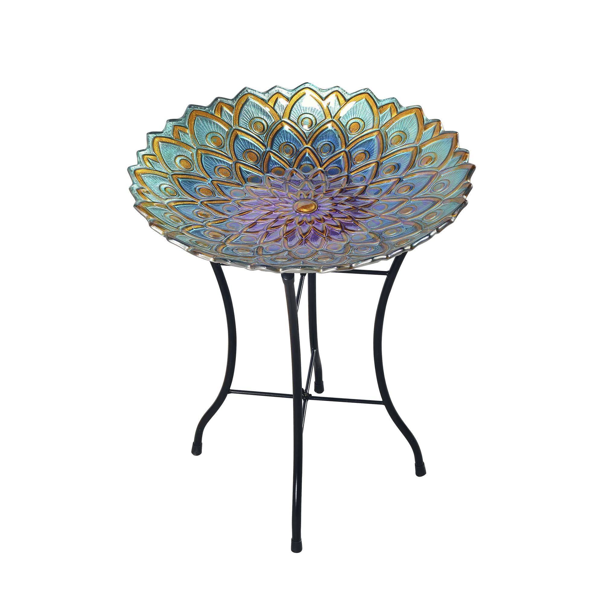 Teamson Home Handpainted Mosaic Flower Fusion Glass Pedestal Bird Bath for Outdoor Patio Garden Backyard Decking Décor, 21 inch Height, Blue and Purple