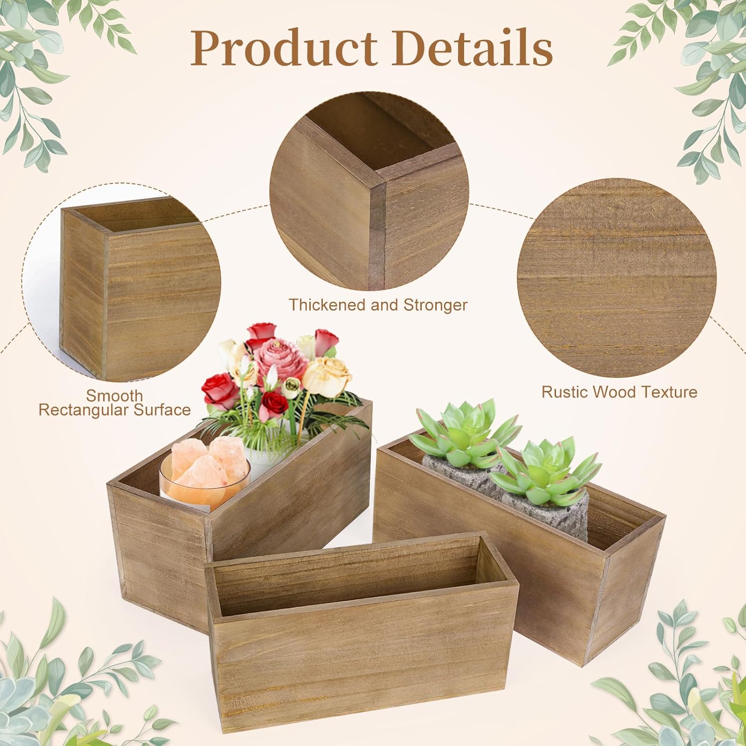 6 Pcs Rustic Wooden Boxes for Storage, Decorative, Display, Arts & Crafts, Rectangle Wooden Crate Wood Planter Box Party Food Risers Wedding Table Centerpiece Home Decor, Brown