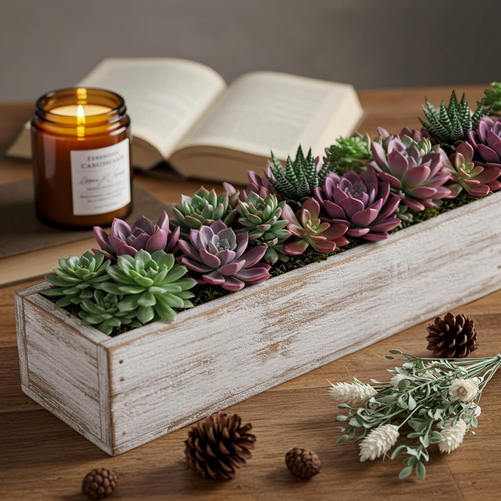 Set of 2 White 16x4 Inch Rustic Rectangle Wooden Planter Boxes with Plastic Liners Floral Foam for Wedding Christmas Home Garden Centerpiece Decor