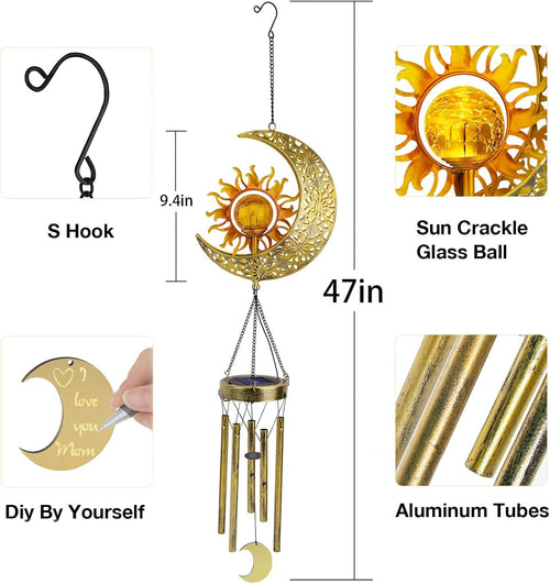47-Inch Sun Moon Solar Wind Chimes Waterproof with Glowing Crackle Glass Ball Outdoor Decor, Unique Birthday Christmas Gifts for Mom Grandma Women Wife Patio Yard Garden