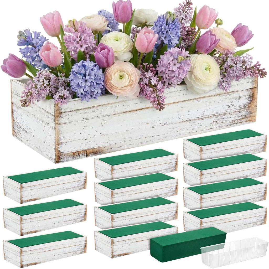 Set of 2 White 16x4 Inch Rustic Rectangle Wooden Planter Boxes with Plastic Liners Floral Foam for Wedding Christmas Home Garden Centerpiece Decor