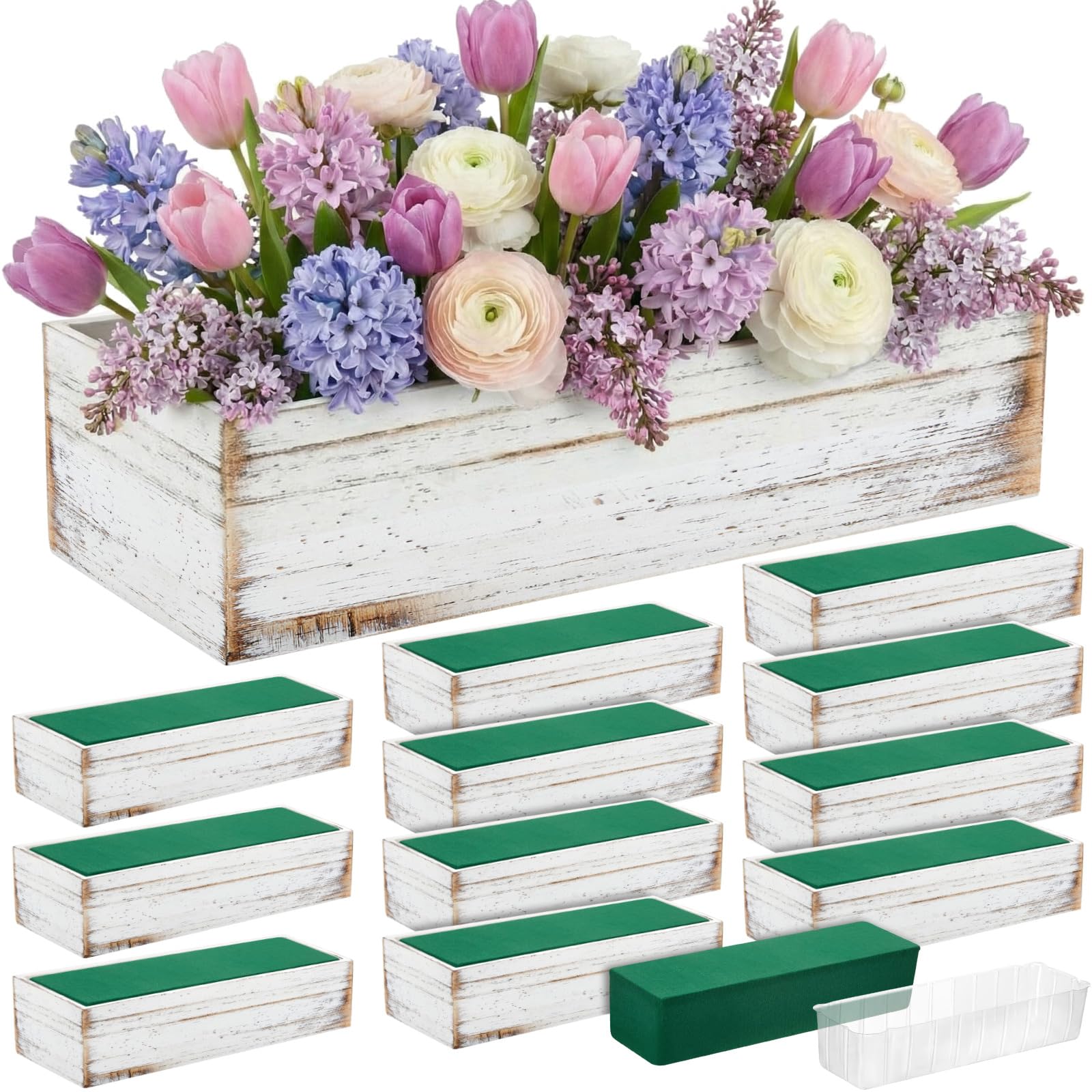 Set of 2 White 16x4 Inch Rustic Rectangle Wooden Planter Boxes with Plastic Liners Floral Foam for Wedding Christmas Home Garden Centerpiece Decor