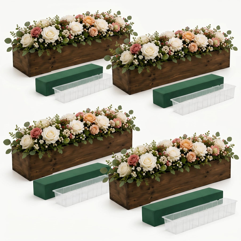 Set of 2 White 16x4 Inch Rustic Rectangle Wooden Planter Boxes with Plastic Liners Floral Foam for Wedding Christmas Home Garden Centerpiece Decor