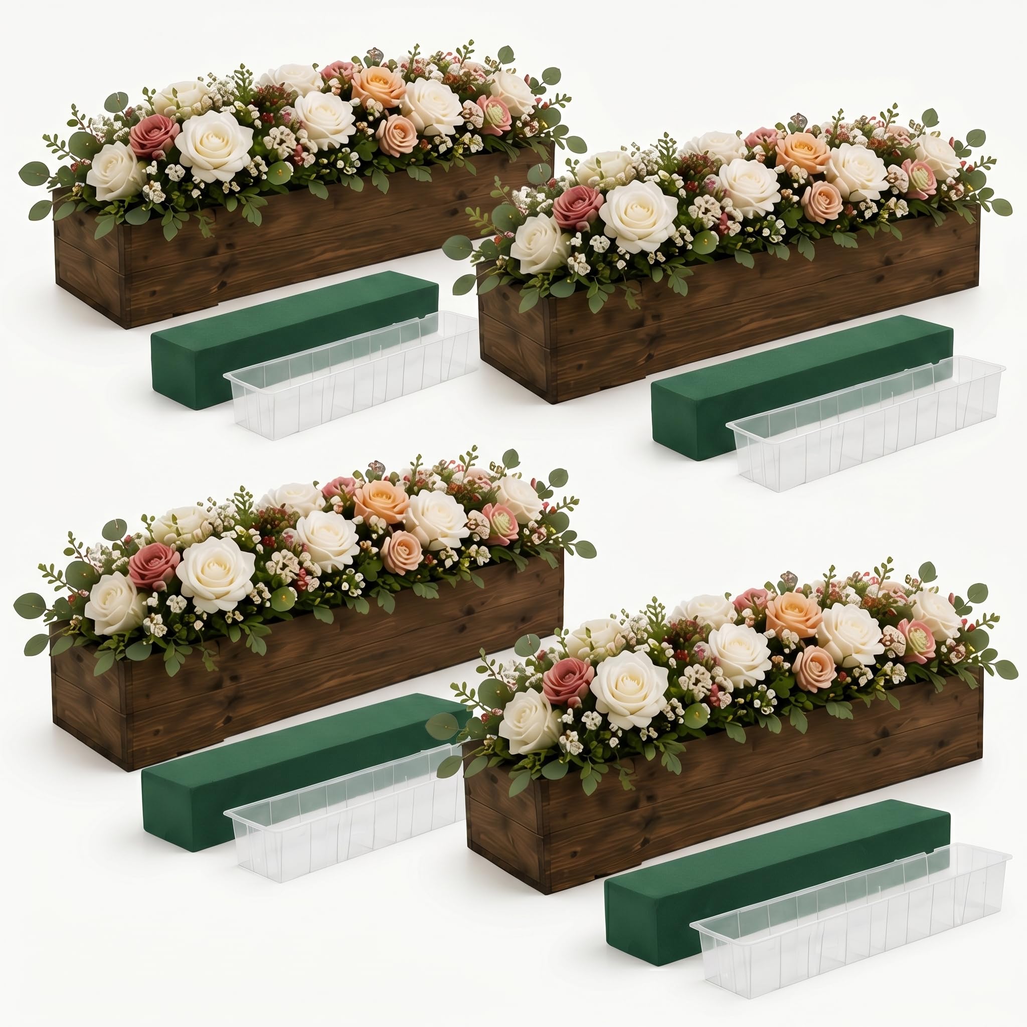 Set of 2 White 16x4 Inch Rustic Rectangle Wooden Planter Boxes with Plastic Liners Floral Foam for Wedding Christmas Home Garden Centerpiece Decor
