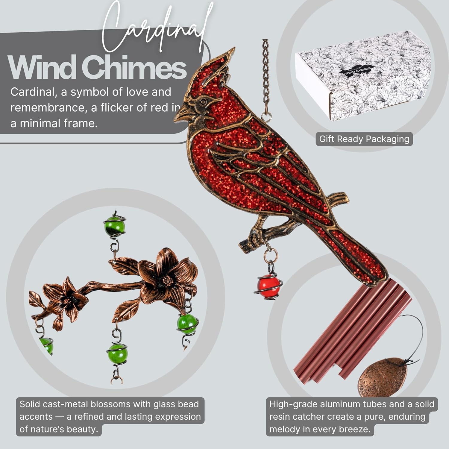 Wind Chimes for Outside, Wind Chimes Outdoor Clearance, Soothing Tones Outdoors, Cardinal Wind Chime, Memorial, Sympathy Gift, Patio, Porch, Home Décor, Modern, Art Décor, Bronze (32" Cardinal)